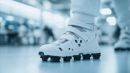 Fototapeta premium Rollerblade Closeup: Detail shot of a person's foot wearing innovative, white rollerblades with a unique multi-wheel design, capturing the futuristic aesthetic and sleek functionality. 