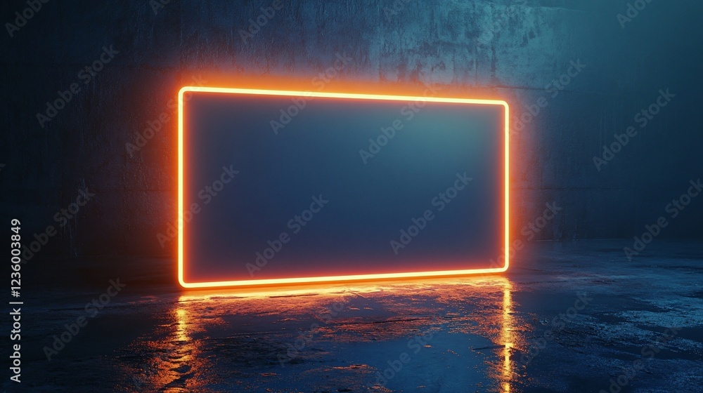 Poster glowing rectangle neon light frame on dark wall and wet floor background abstract minimal
