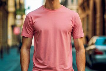 Man wearing pink blank t-shirt. Summer City Background. Mockup, copy space.