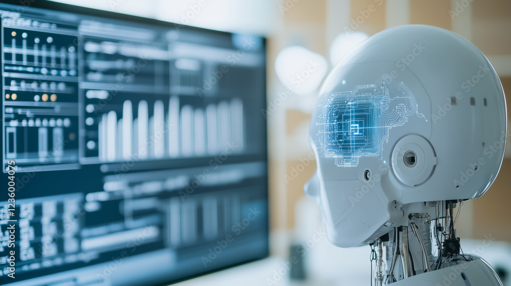 Aufkleber ai analyzes data: a humanoid robot with glowing blue eyes, analyzes data on a computer screen, symbo