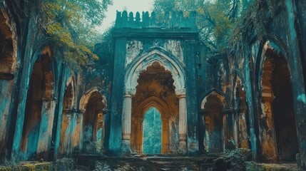 Overgrown Gothic ruin, jungle setting, misty day, travel photography