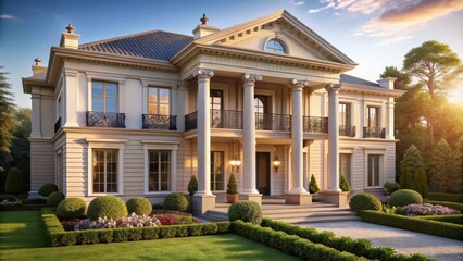 Obraz premium A grand, neoclassical mansion with a stately facade, featuring a symmetrical design, elegant columns, ornate details, and a manicured lawn and gardens.