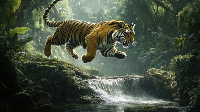 Tiger leaping across a jungle stream