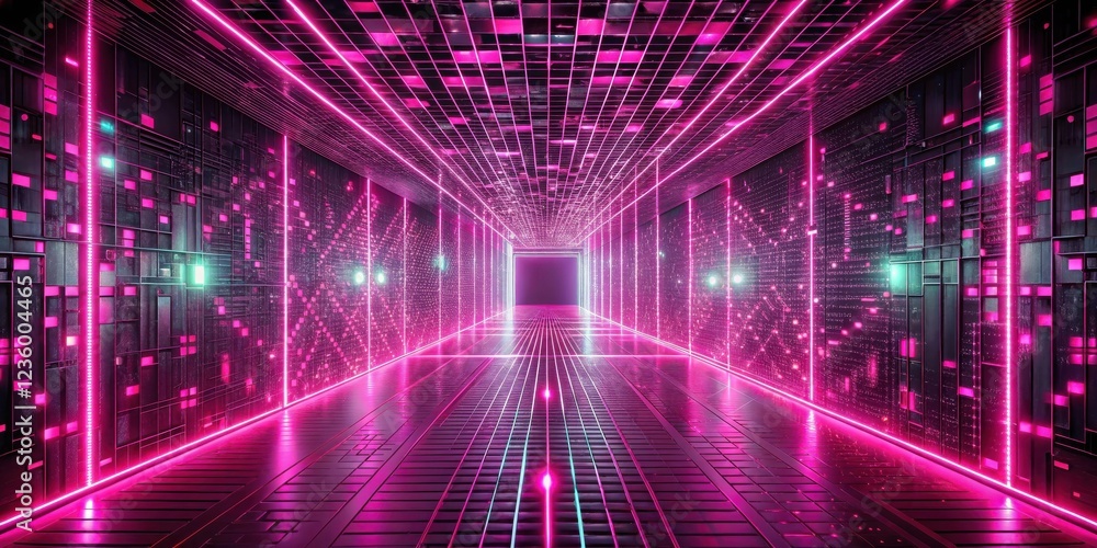 Leinwandbilder A Futuristic Neon Corridor Illuminated by Pink and Blue Lines, Featuring a Grid Pattern on the Ceiling and Walls, Creating a Vibrant and Dynamic Visual Composition