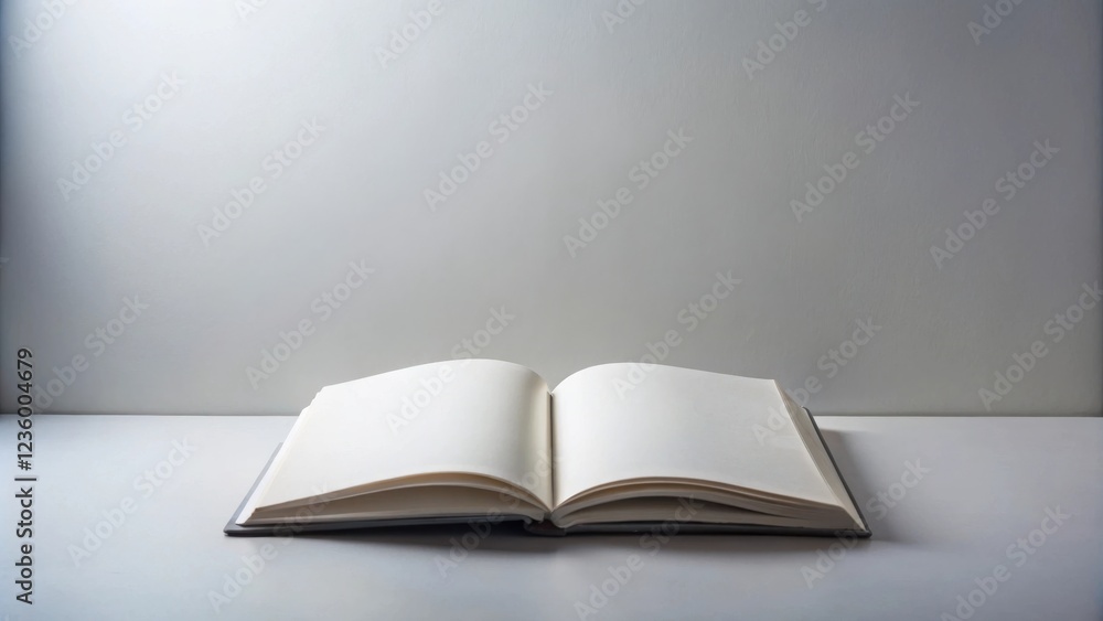 Poster an open book on a white surface with a blank background, ready for a new story to be written