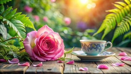 A Pink Rose Resting on a Wooden Table with a Delicate Teacup and Saucer, Bathed in the Warm Glow of the Morning Sun
