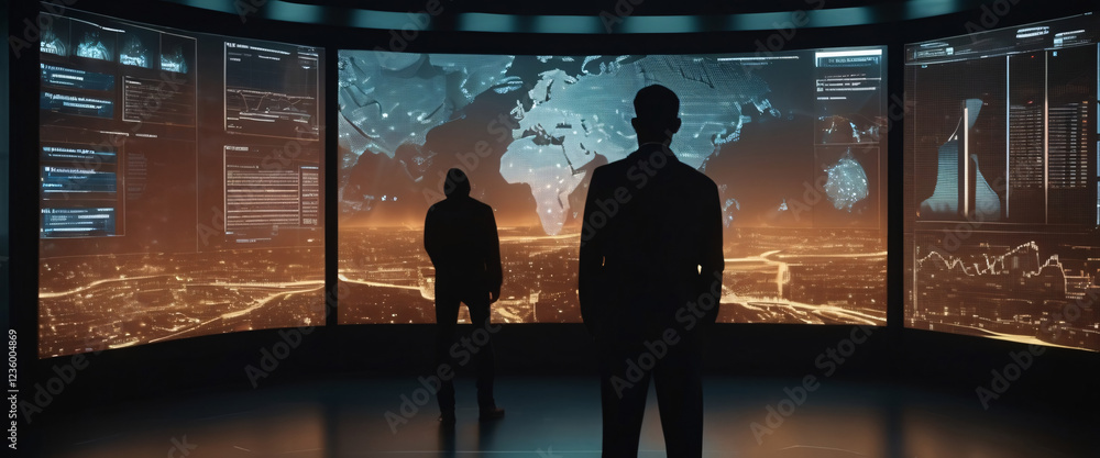 Aufkleber global insights: two figures stand silhouetted against a wall of screens displaying a complex web of