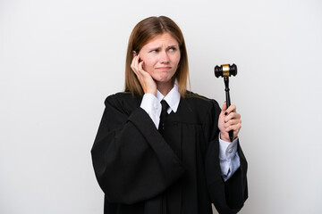 Judge English woman isolated on white background frustrated and covering ears