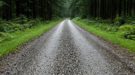 Fototapeta premium Rainy day gravel road through lush forest