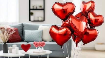 A picture of a mature elderly couple dancing on Valentine's Day, dancing in a bright living room, and in the background we see heart-shaped balloons and a bouquet of flowers in a vase on a table