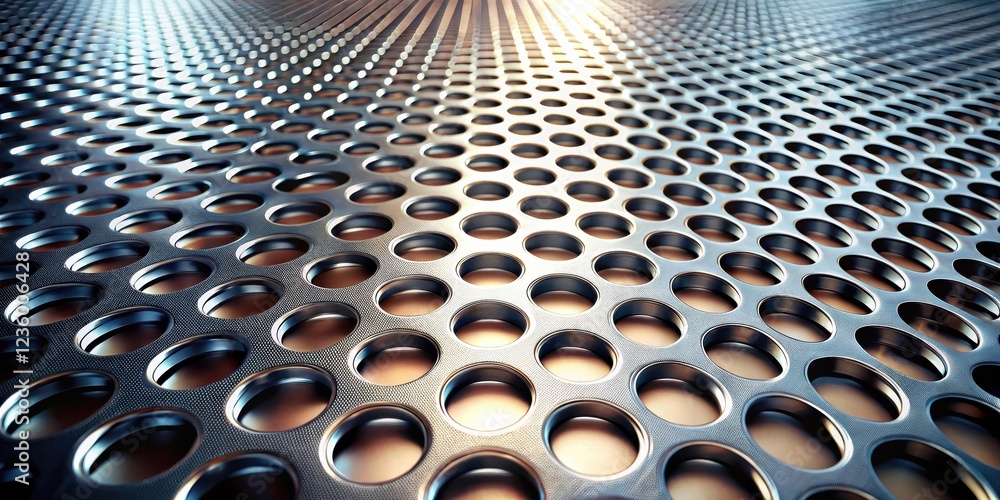 Poster A seamless pattern of circular perforations on a metallic surface, creating a hypnotic and textured background.