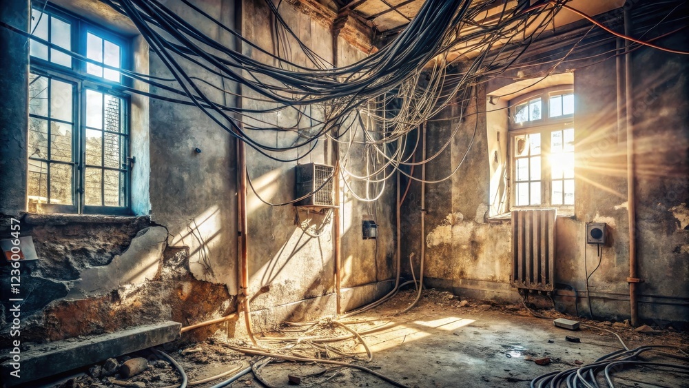 Poster a glimpse into an abandoned building, sunlight streaming through a window illuminating a room filled