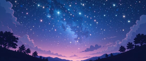 Naklejka premium A serene night sky filled with twinkling stars and soft clouds above dark trees