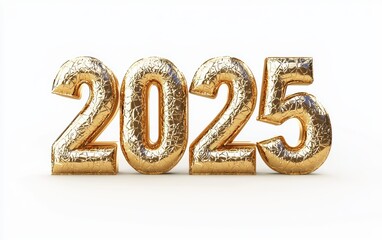 2025 made of shiny golden metal with reflective surfaces, isolated on a white background
