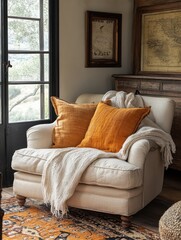 Fototapeta premium Cozy armchair with orange cushions and a soft blanket, set by a window with a rustic vibe.