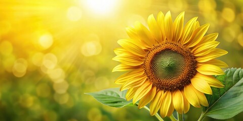 Fototapeta premium A Single Sunflower in a Field of Blurred Yellow and Green Tones, Bathed in Warm Sunshine