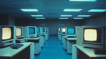 Retro Office with Vintage Computers in Teal Light
