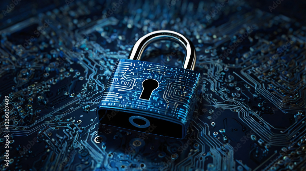 Poster cybersecurity: a gleaming padlock rests upon a complex circuit board, a powerful symbol of data secu