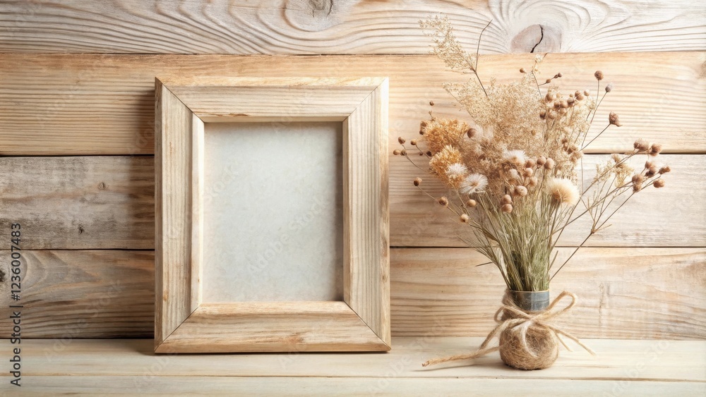 Poster rustic wooden frame and dried flowers on a wood background, creating a warm and inviting ambiance.