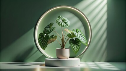 A green leafy plant in a white pot on a circular pedestal, illuminated by natural light streaming through a window, casting long shadows on the pale green wall.