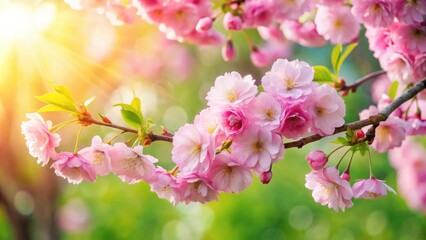 Delicate Pink Blossoms Bask in the Warm Glow of the Sun, Their Petals Unfurling in a Symphony of Spring