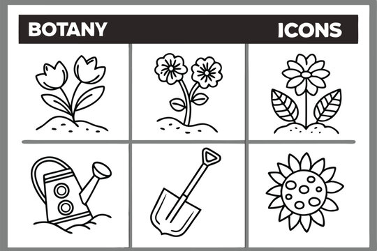 A simple line drawings of botanical icons, each representing a different plant or flower. The icons are arranged in a 6x5 grid, with each icon occupying a single square. The background is white, and t