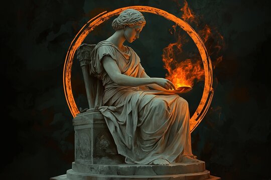 Statue Hestia sitting by the hearth. Greek mythology goddess. Digital artwork, Generative AI