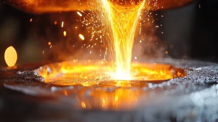  Molten metal pours from a steel mill furnace into a mold, with bright sparks flying, illuminating the industrial workspace.
