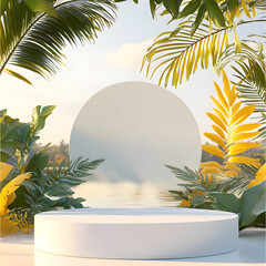 3D render of a podium with autumn view and a water background, lush greenery, sky lighting, a white wall, and yellow leaves, tropical background