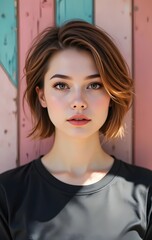 Fototapeta premium A pretty woman wearing a blank black t-shirt. Great for t-shirt mock-up. design, minimalist, casual, fashion, style, model, apparel, clothing, trendy, blank, simplicity, clean, stylish