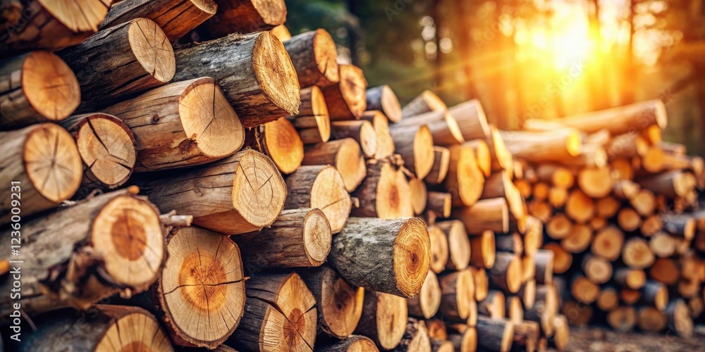 Poster A stack of neatly arranged logs in a forest, bathed in the golden glow of the setting sun, a testament to nature's enduring beauty and cyclical renewal