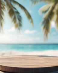 empty wooden podium, palm trees on a tropical beach with clear water and blue skies