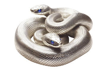 Coiled silver snake sculpture with detailed scales isolated on white transparent background, reptiles or wildlife, symbolizing Chinese Lunar New year