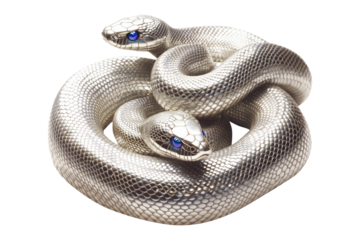 Coiled silver snake sculpture with detailed scales isolated on white transparent background, reptiles or wildlife, symbolizing Chinese Lunar New year