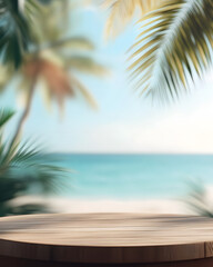 empty wooden podium, palm trees on a tropical beach with clear water and blue skies