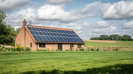 Obraz premium A solar farm with solar panels in a wide open countryside, showcasing renewable energy generation, surrounded by vast fields and a peaceful rural setting.
