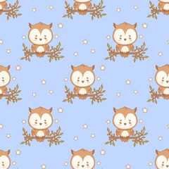 Seamless pattern. Cute owl on branch with leaves on blue background with stars. Adorable cartoon kawaii character backdrop. Vector illustration. Kids collection