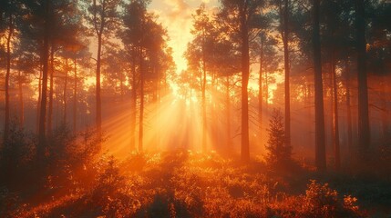 Sunbeams pierce misty autumn forest at sunrise