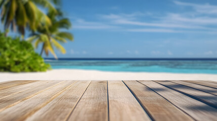 Empty wooden table top product display showcase stage. Palm trees on a tropical beach with clear water and blue skies