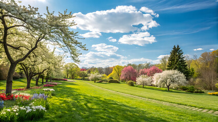 Fototapeta premium Vibrant Spring Landscape with Colorful Flowers and Blue Sky
