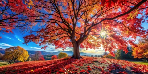 Golden Sunlight Illuminates a Crimson Canopy of Autumn Leaves, Casting a Warm Glow on the Landscape
