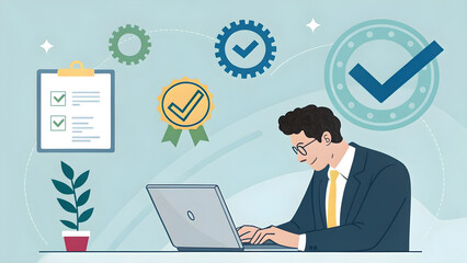 Fototapeta premium Businessman Working on Laptop with Progress and Achievement Icons