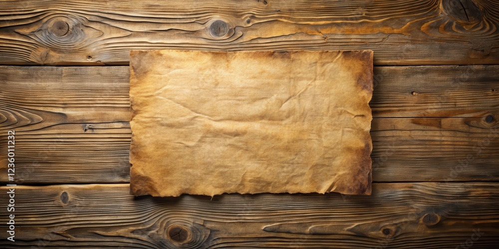 Poster a weathered sheet of parchment paper on a rustic wooden surface, perfect for adding a touch of vinta
