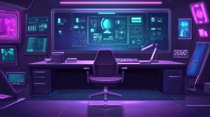 Futuristic Control Room Workstation With Advanced Technology Displays