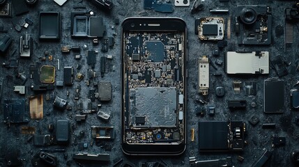 Fototapeta premium Close-up of a dismantled smartphone with components separated, highlighting recycling possibilities 