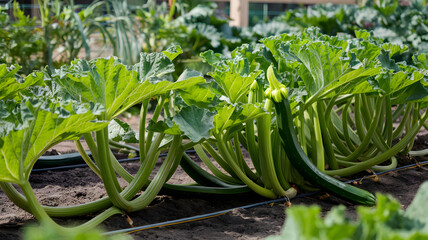 Obraz premium Zucchini plants thriving in a garden patch.
