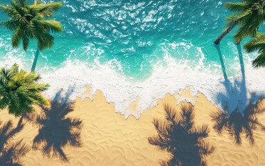Birdâ???s-eye view of a vibrant tropical beach, showing turquoise waves crashing on golden sand, palm trees casting long shadows, and beachgoers enjoying the sun