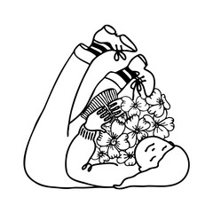 a vector black-and-white linear illustration of a girl holding a bouquet of a flowers