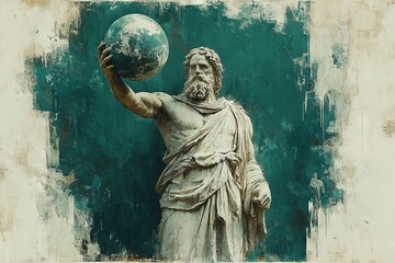 Statue of the Greek God Atlas holding the globe on his hand. Digital artwork. Generative AI