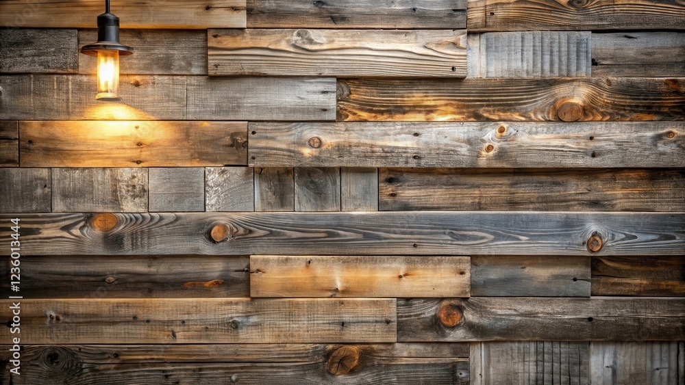Poster Rustic Wood Plank Wall with a Hanging Edison Bulb, Creating a Warm and Inviting Atmosphere